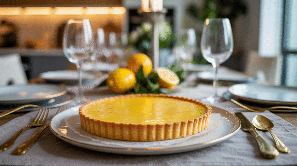 Tarte au citron sur table élégante.