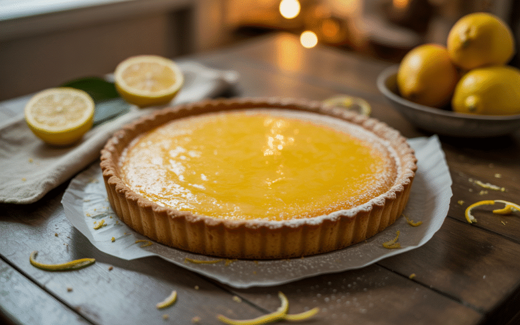 Tarte au citron sur table en bois.