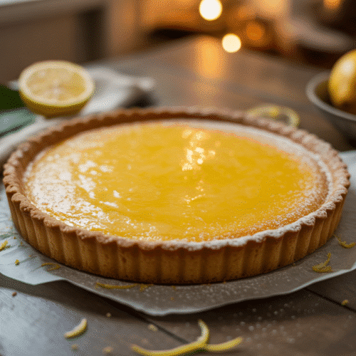 Tarte au citron sur table en bois.