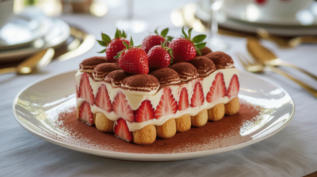 Gâteau tiramisu aux fraises sur assiette blanche.