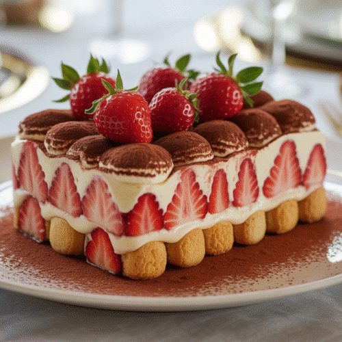 Gâteau tiramisu aux fraises sur assiette blanche.