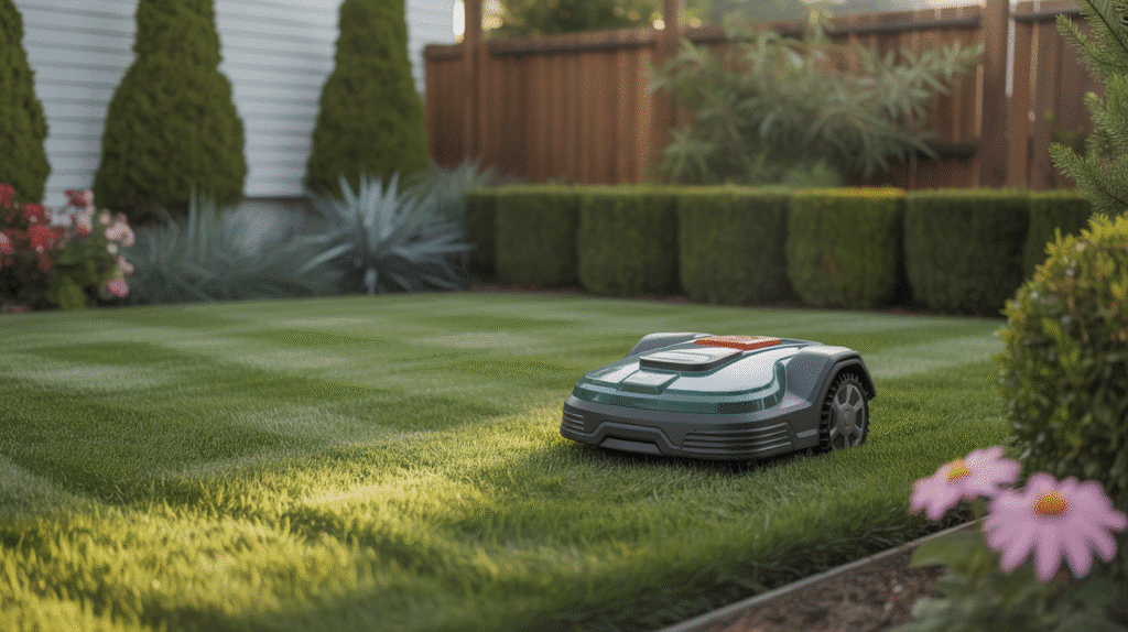 Tondeuse robotique sur pelouse verte, jardin en arrière-plan.
