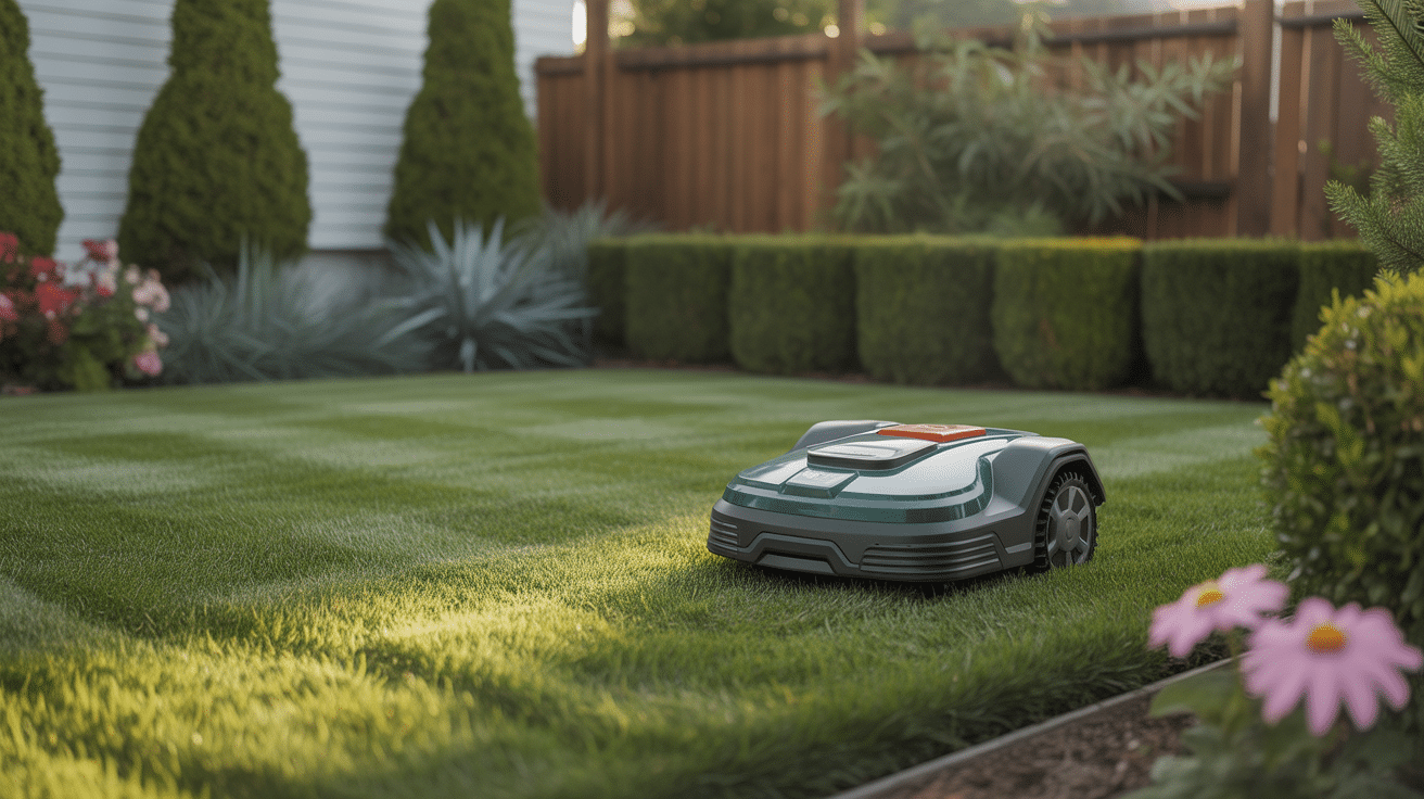 Tondeuse robotique sur pelouse verte, jardin en arrière-plan.