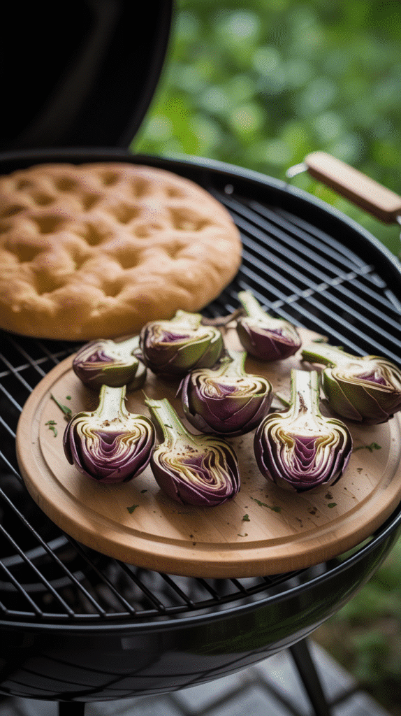 Artichauts grillés et focaccia sur barbecue