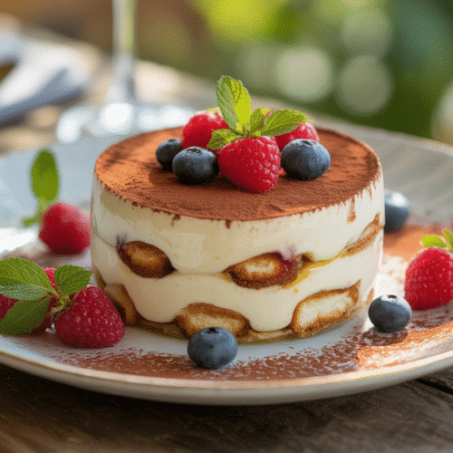 Tiramisu aux fruits frais et cacao