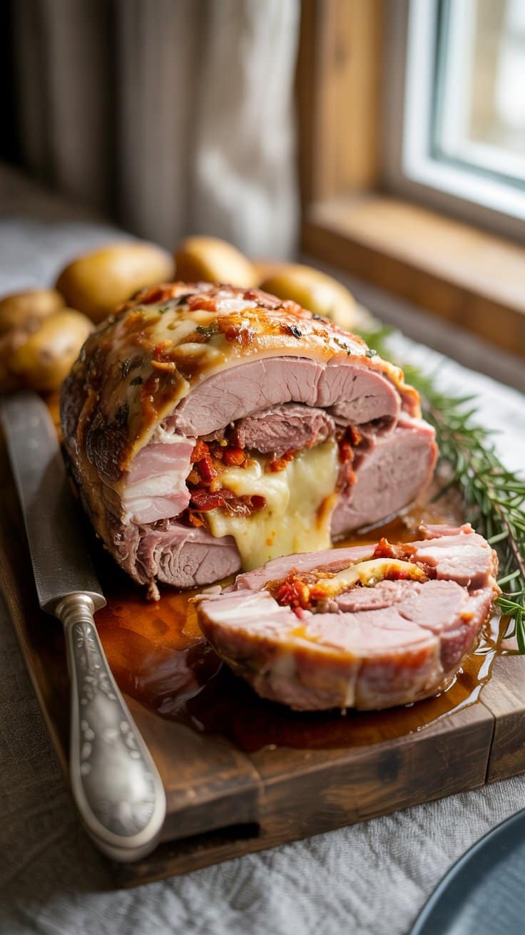 Rôti de porc farci avec fromage coulant.
