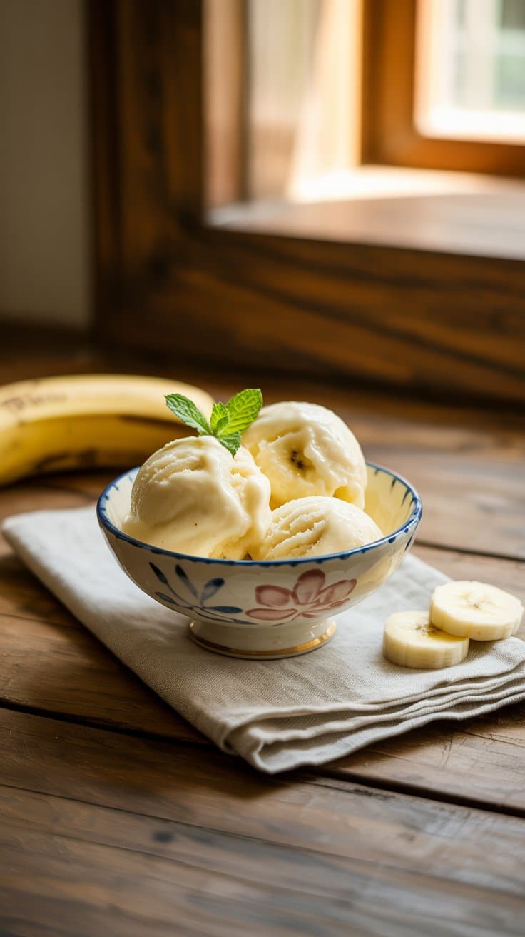 Glace à la banane avec feuilles de menthe.