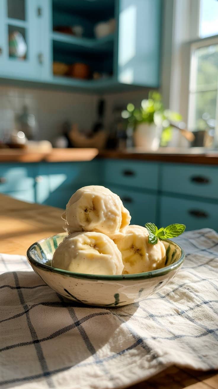 Boule de glace vanille avec menthe, cuisine lumineuse.