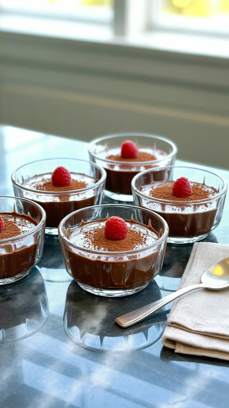 Cinq mousses au chocolat avec framboise.
