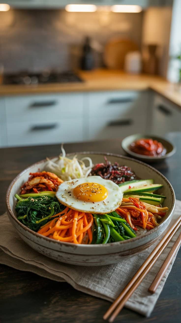 Bol de bibimbap coloré avec œuf au plat.
