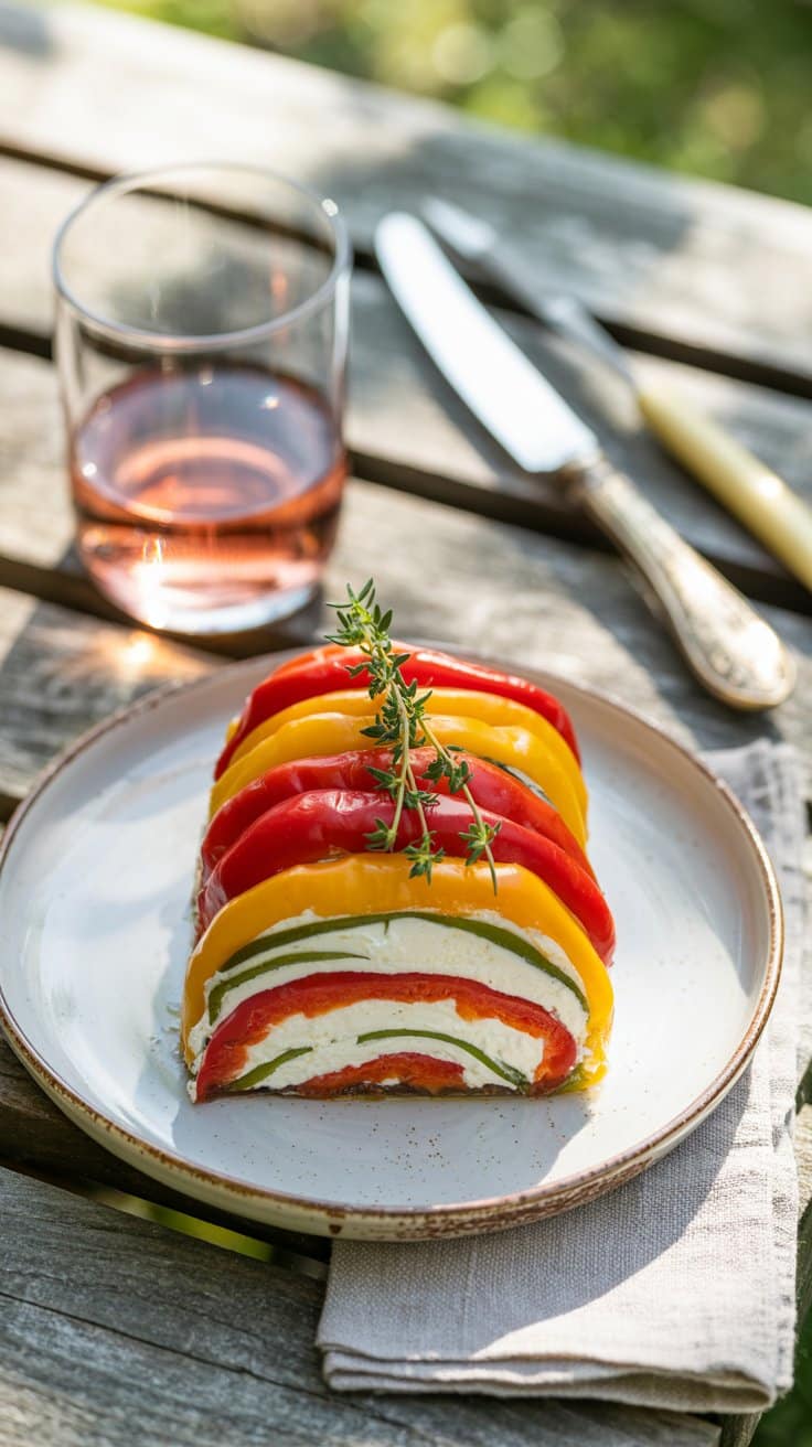 Terrine de légumes colorée avec verre de rosé.