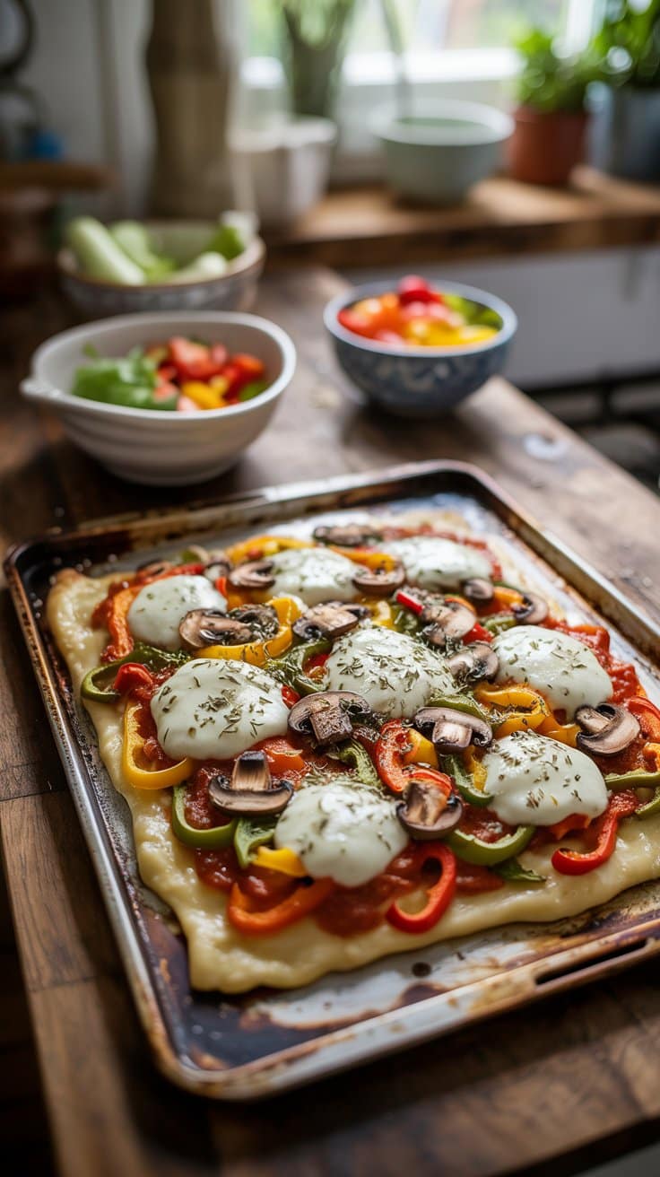 Pizza aux légumes frais sur plaque de cuisson.