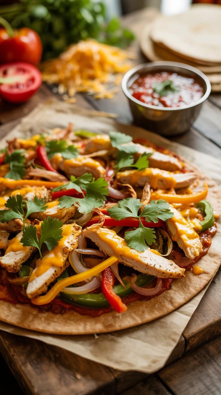 Pizza tortilla au poulet et légumes, sauce tomate.
