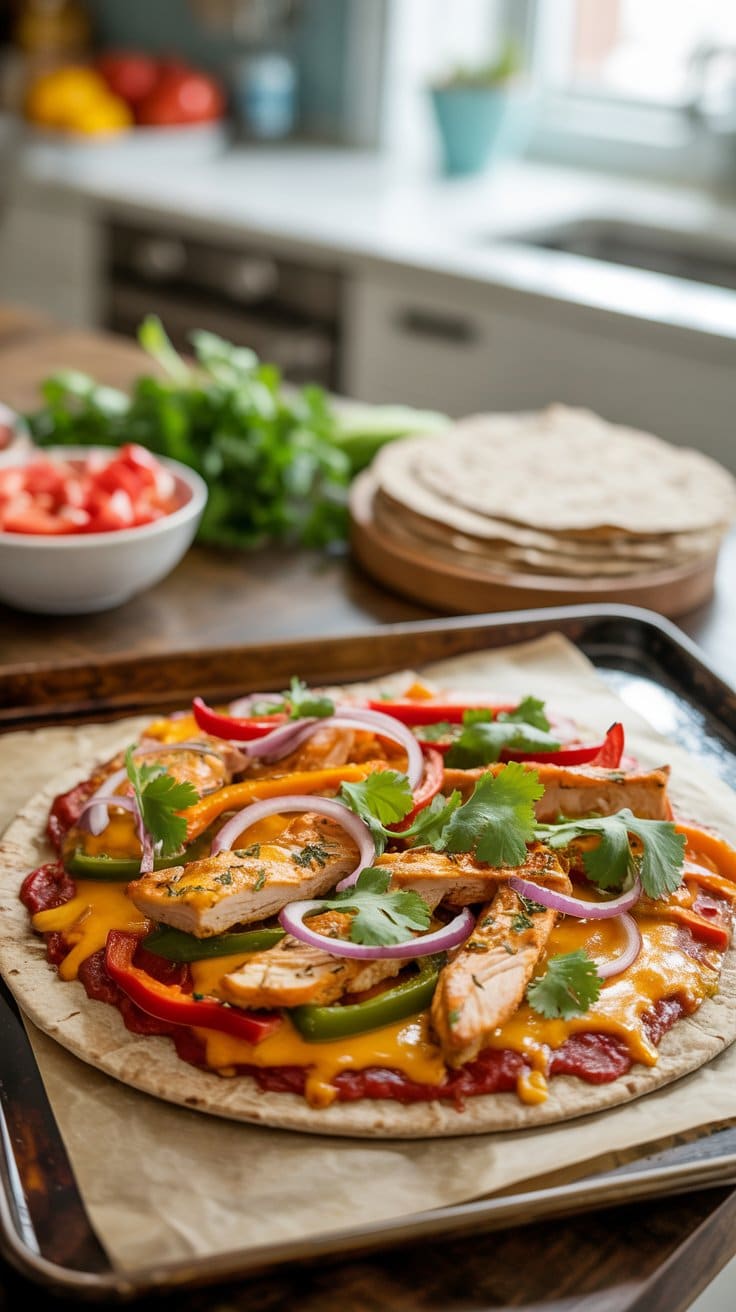 Pizza maison avec légumes et poulet