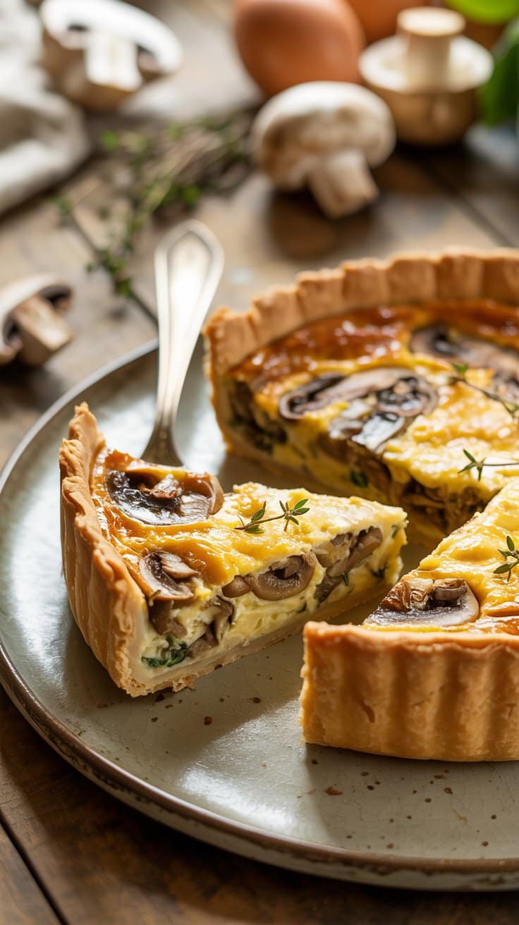 Quiche aux champignons et thym sur assiette.