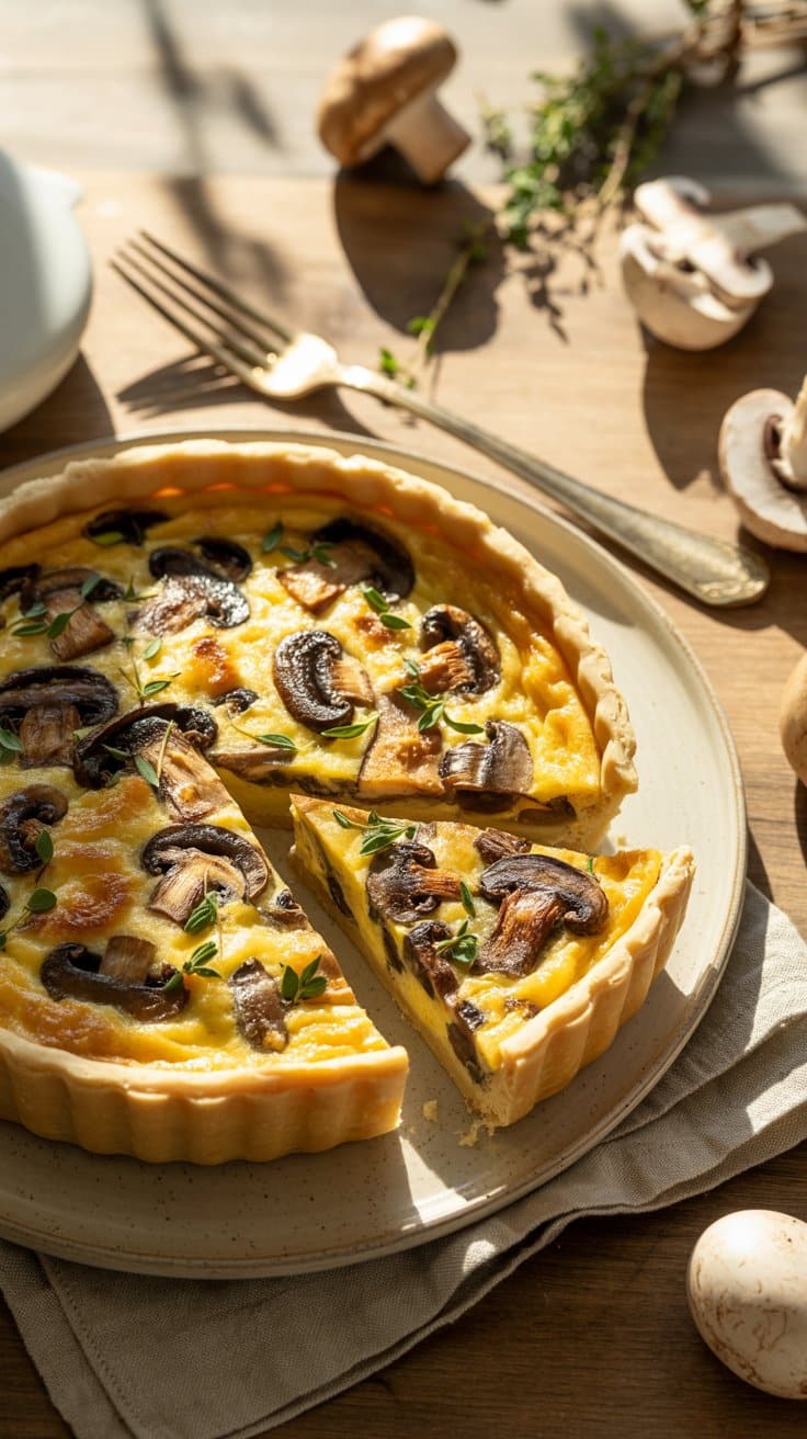Quiche aux champignons sur assiette ensoleillée.