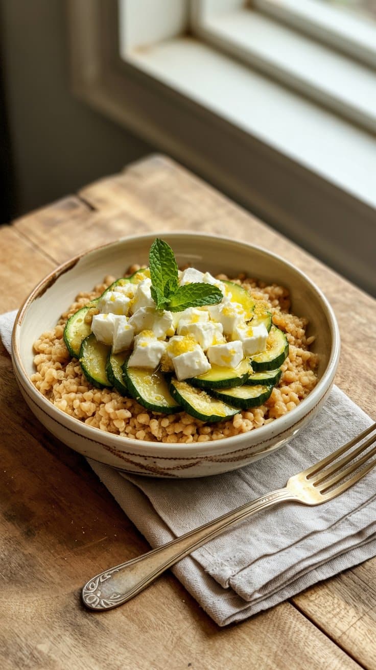 Salade de couscous, courgettes et feta, servie.