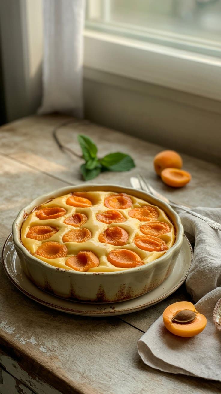 Tarte aux abricots sur table en bois.