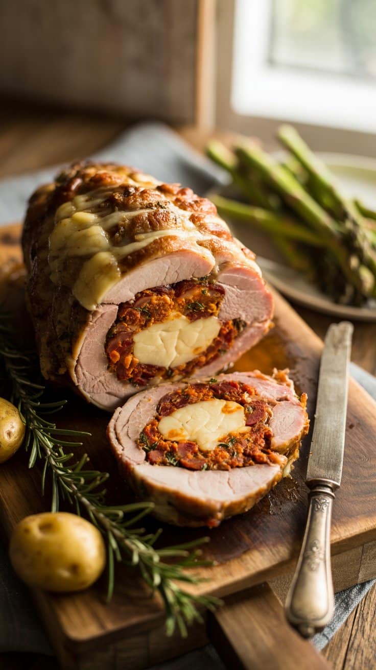 Rôti de viande farci avec légumes verts.