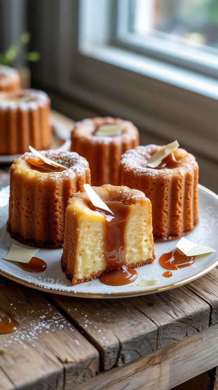 Cannelés au caramel sur une assiette près de fenêtre.