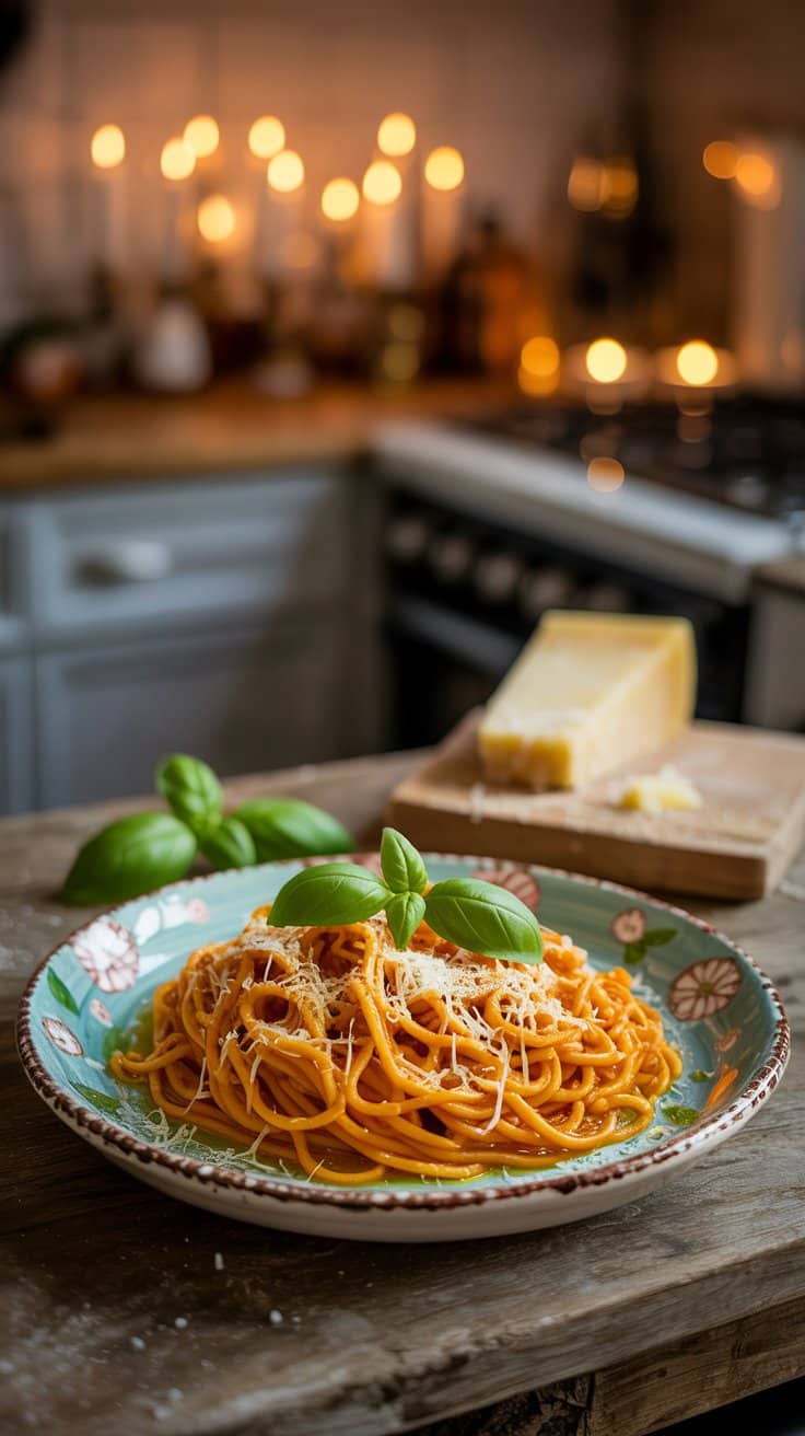 Assiette de spaghettis à la sauce tomate et basilic.