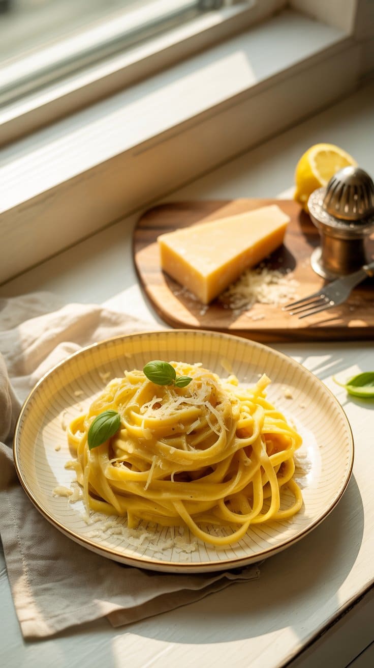 Assiette de pâtes crémeuses avec parmesan.