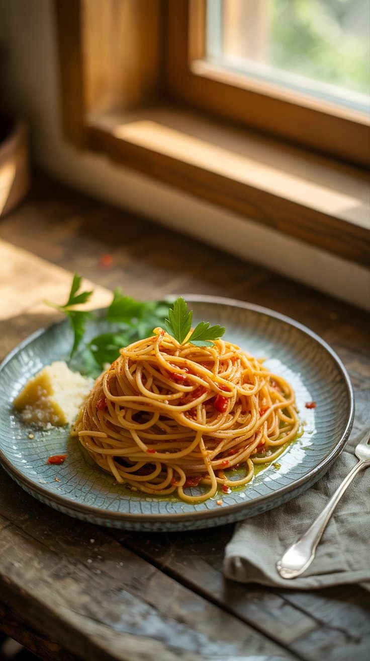 Assiette de spaghettis à la sauce tomate.