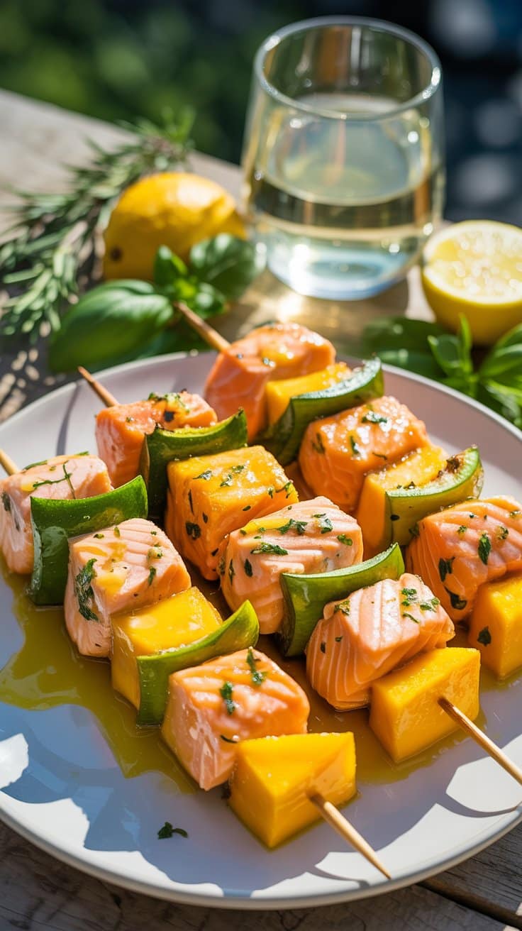Brochettes saumon, courgette, mangue sur assiette blanche.