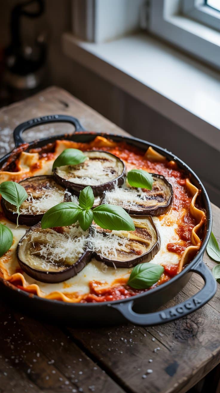 Lasagnes d'aubergine et tomate au basilic.