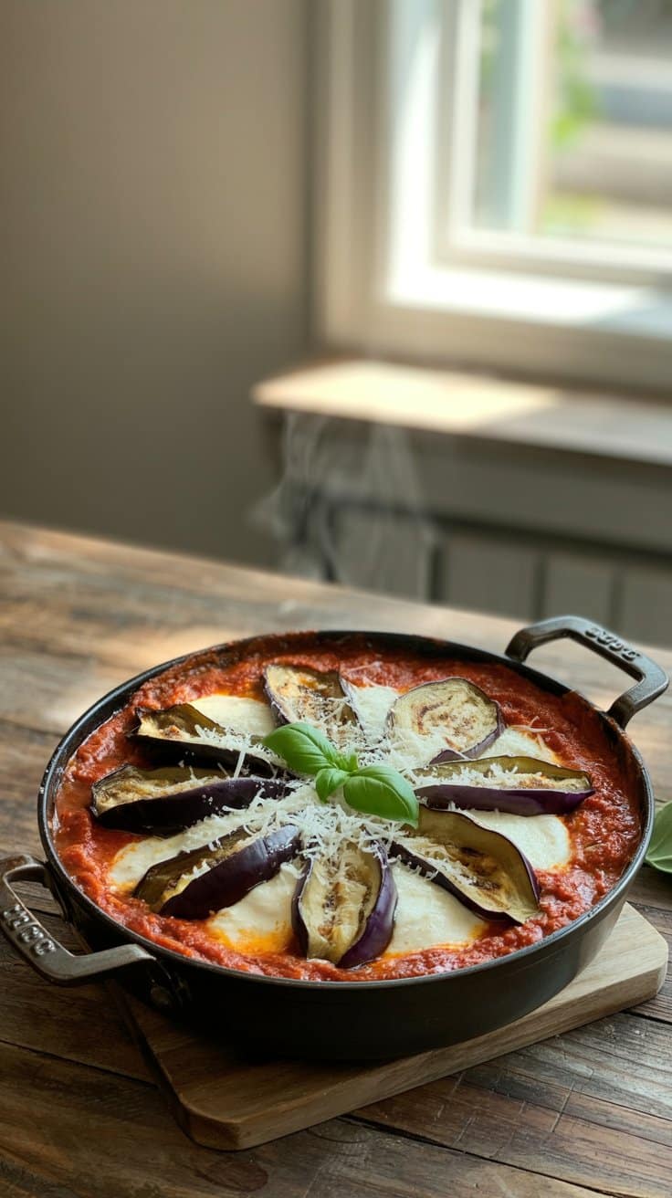 Gratin d'aubergines avec fromage et basilic frais.