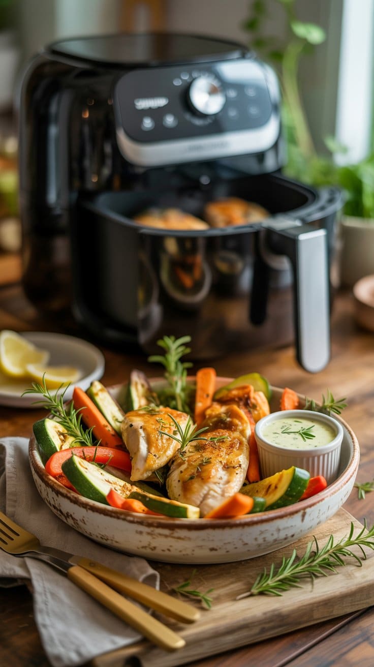 Assiette poulet et légumes cuits à l'airfryer.