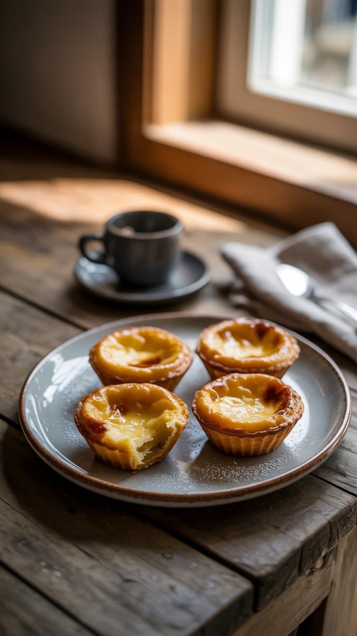 Quatre pastéis de nata sur une assiette à côté