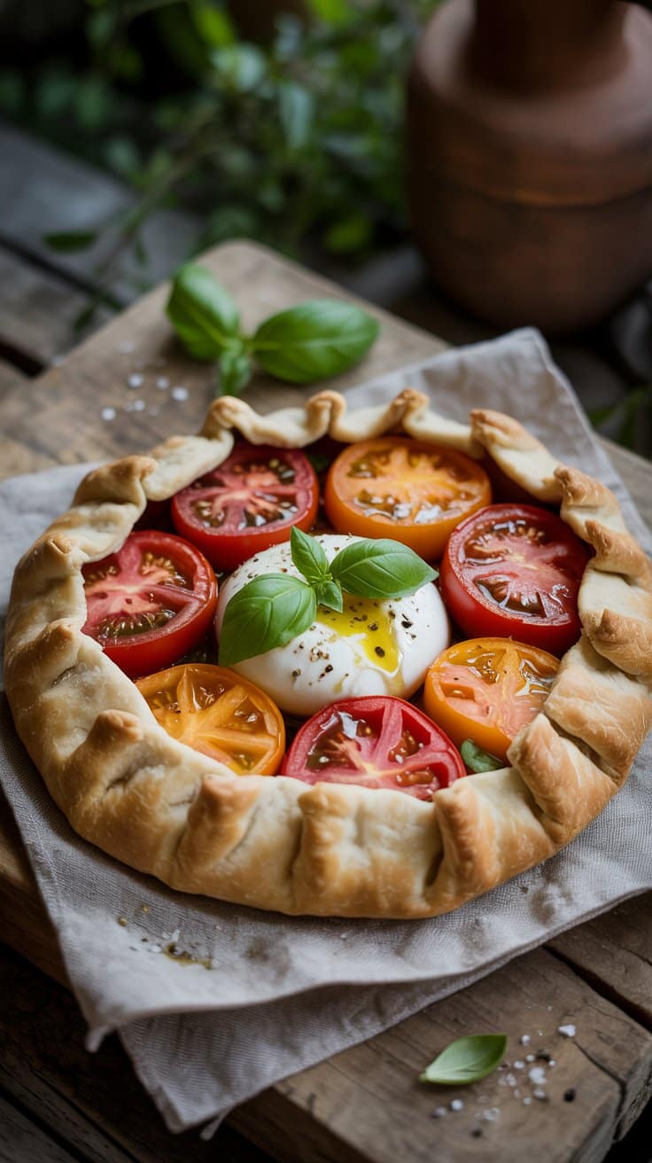 Tarte rustique tomates mozzarella et basilic.