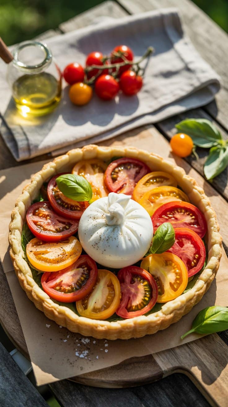 Tarte tomate mozzarella basilic sur table extérieure.