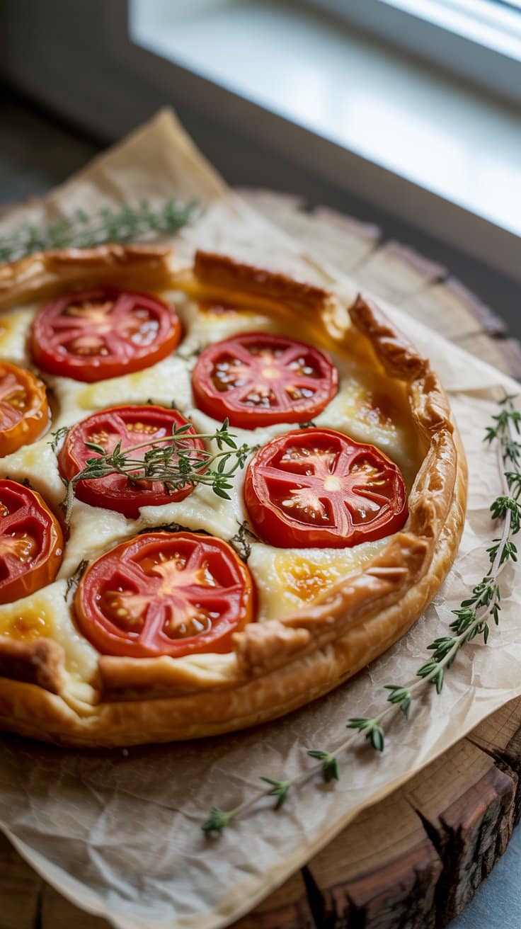 Tarte tomates et fromage sur planche bois.