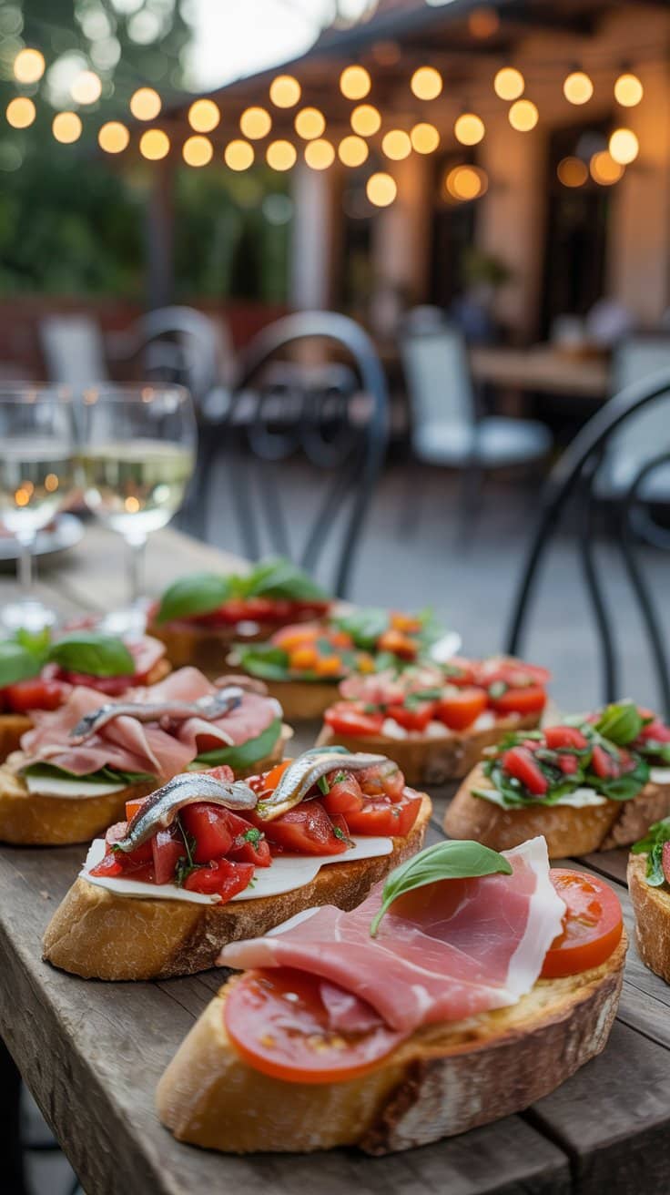 Bruschettas variées sur une table en terrasse.