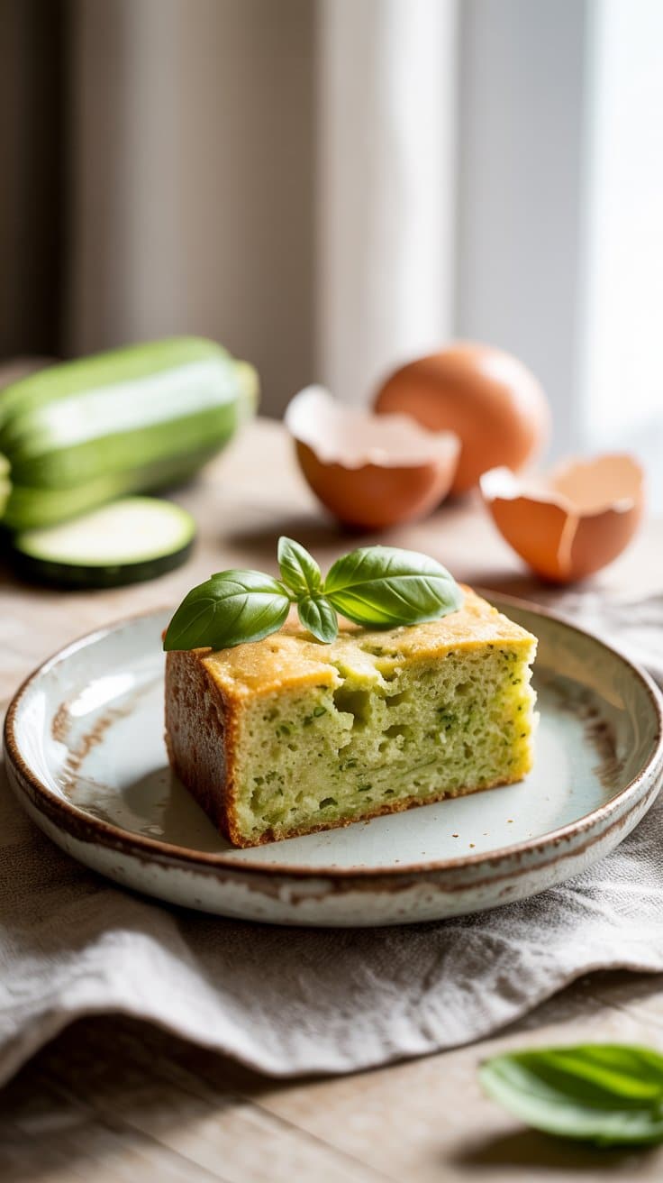Gâteau courgette basilic sur assiette, œuf cassé derrière.