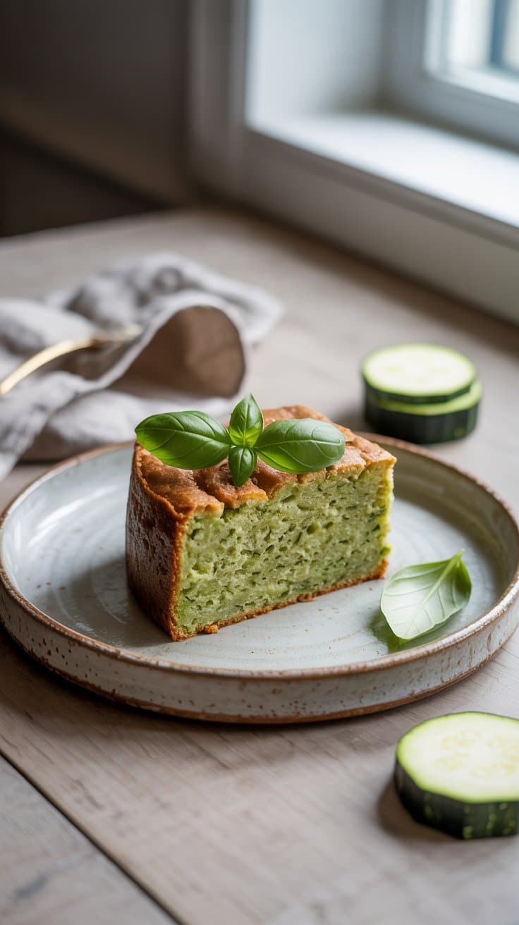 Tranche de gâteau moelleux à la courgette et basilic.