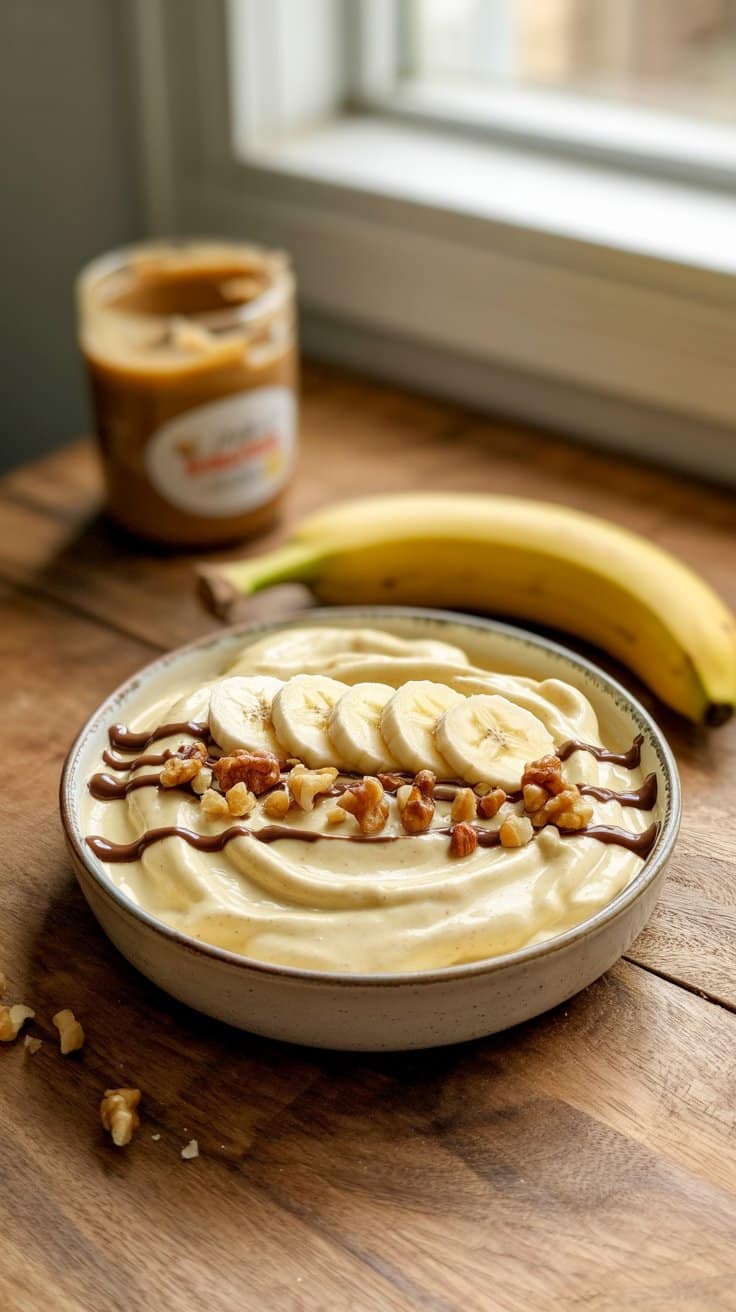 Bol de smoothie banane, chocolat, noix.