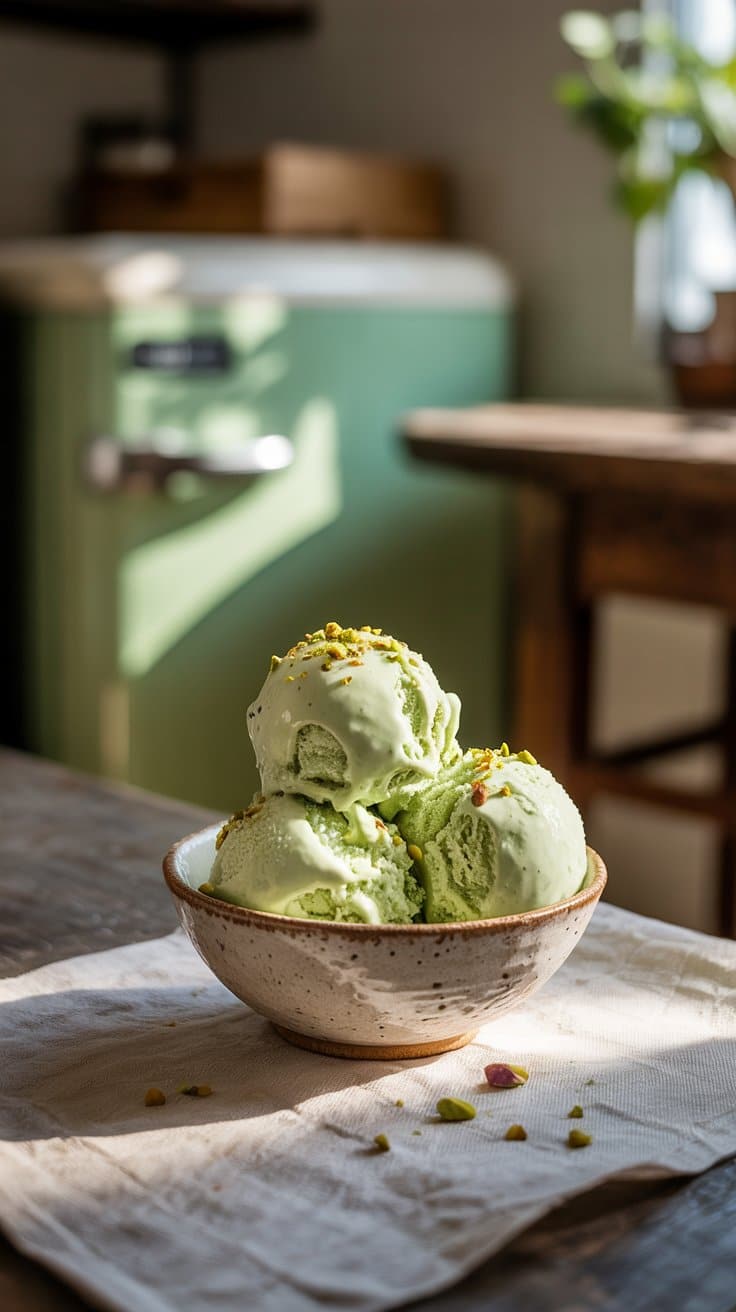 Glace pistache dans un bol en céramique.