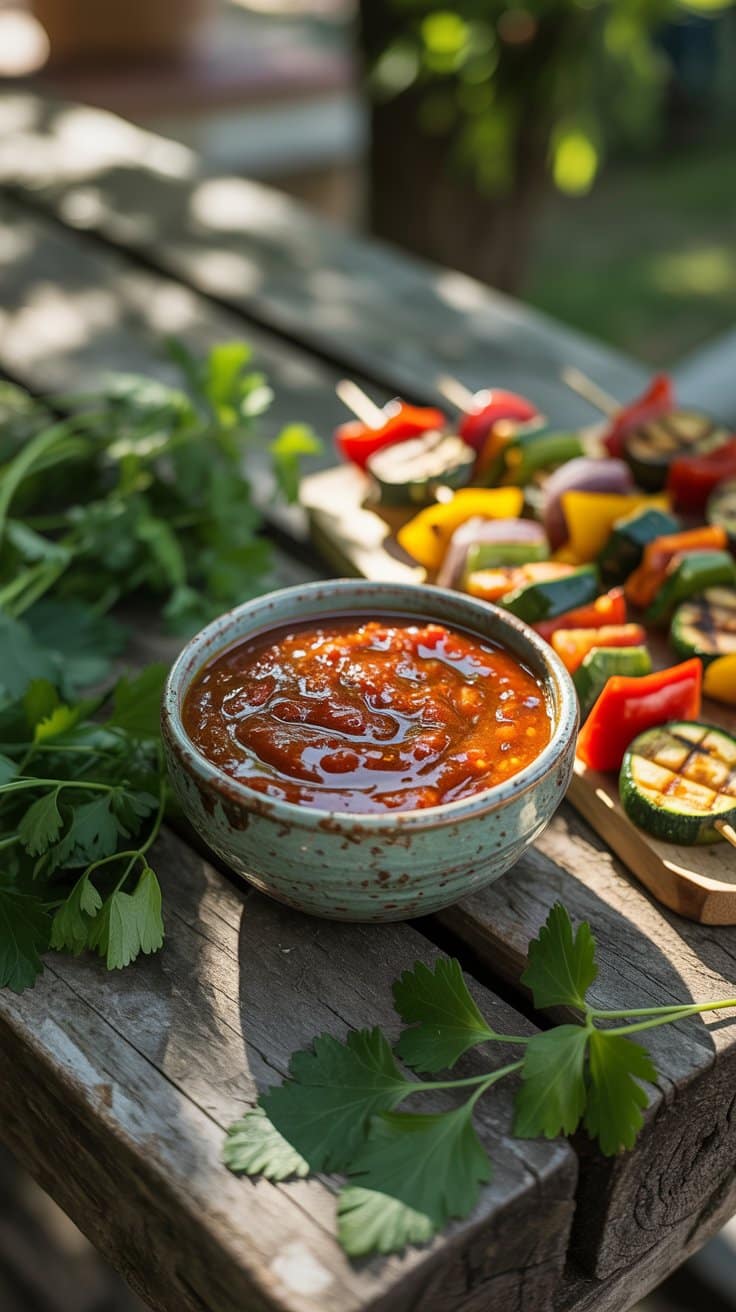 Brochettes de légumes et sauce tomate sur table en bois.