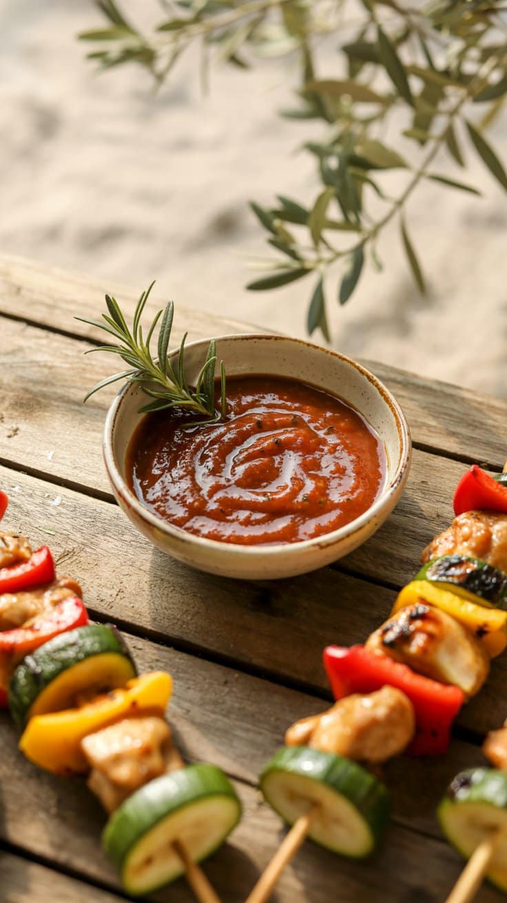 Brochettes colorées avec sauce barbecue et romarin.