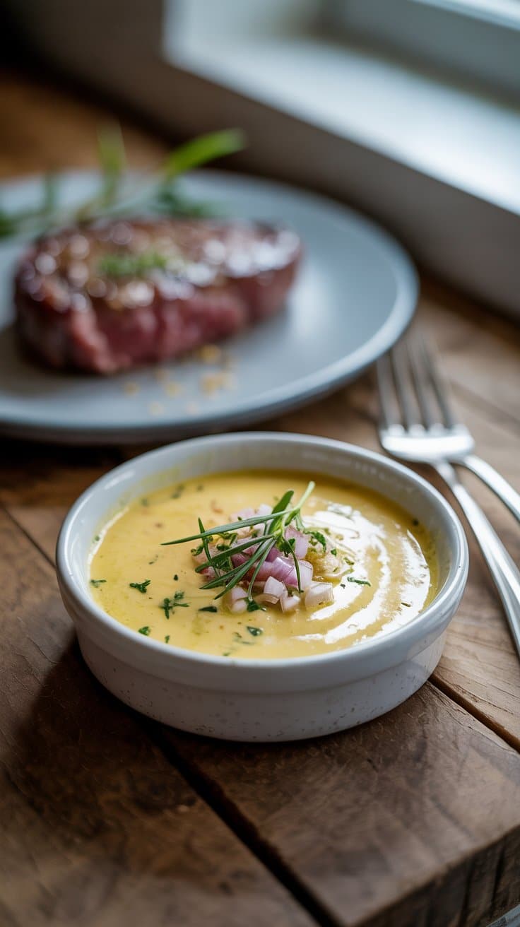 Sauce crémeuse et steak sur table en bois.