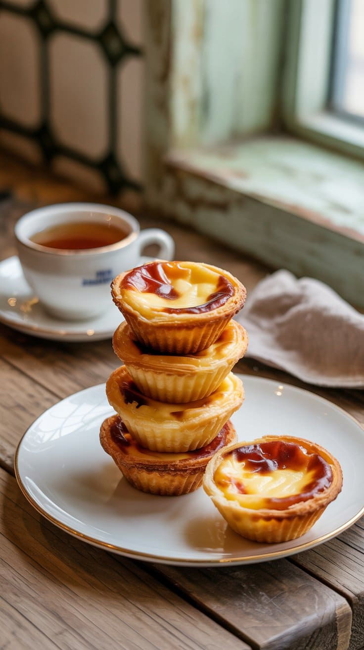 Tarte aux œufs empilée avec thé.