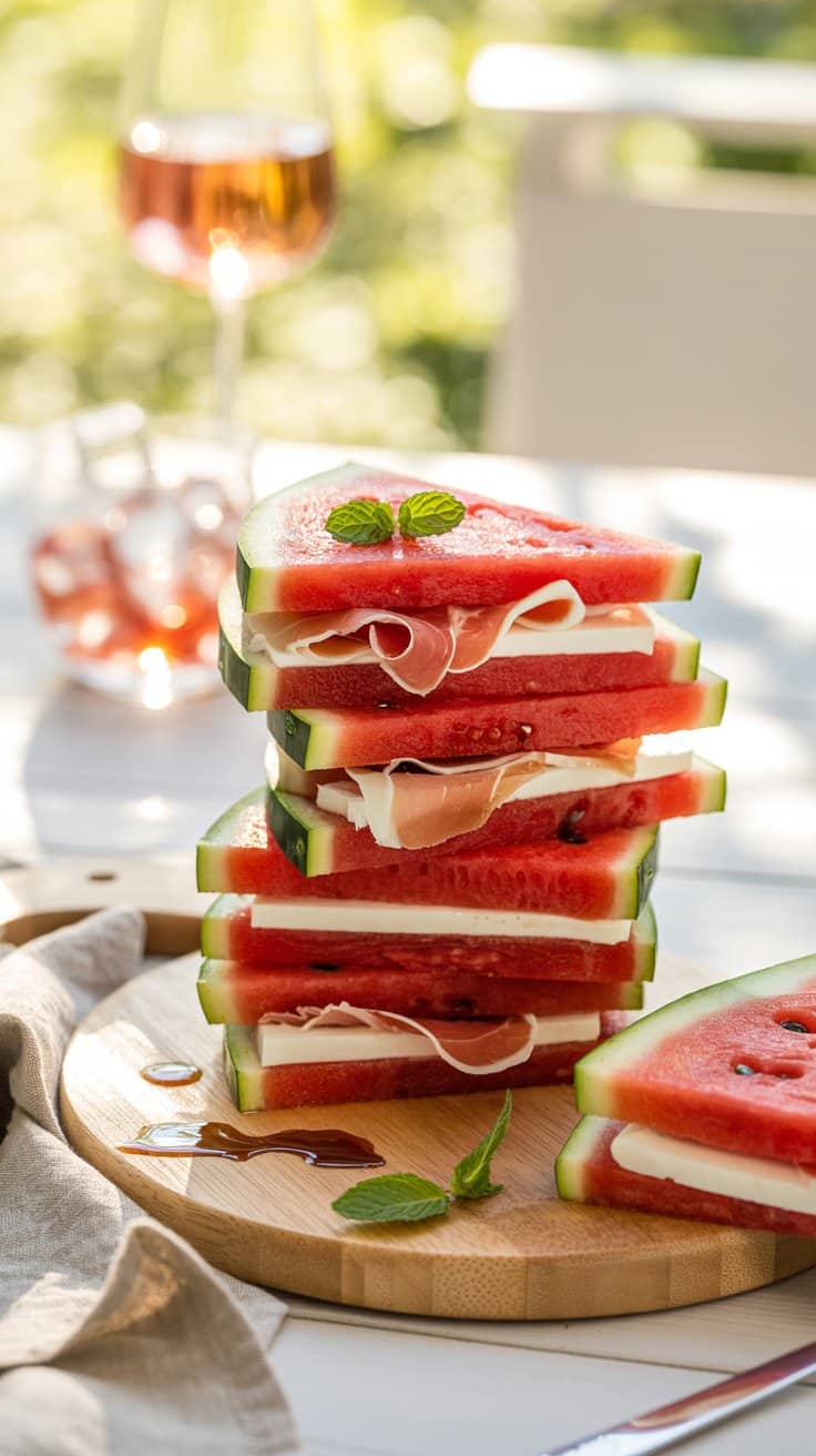 Tranches de pastèque empilées avec du jambon et fromage.