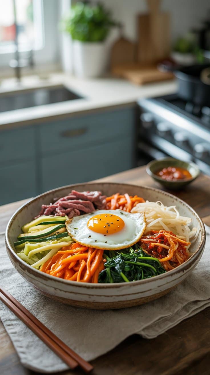 Bol de bibimbap coréen avec légumes et œuf.