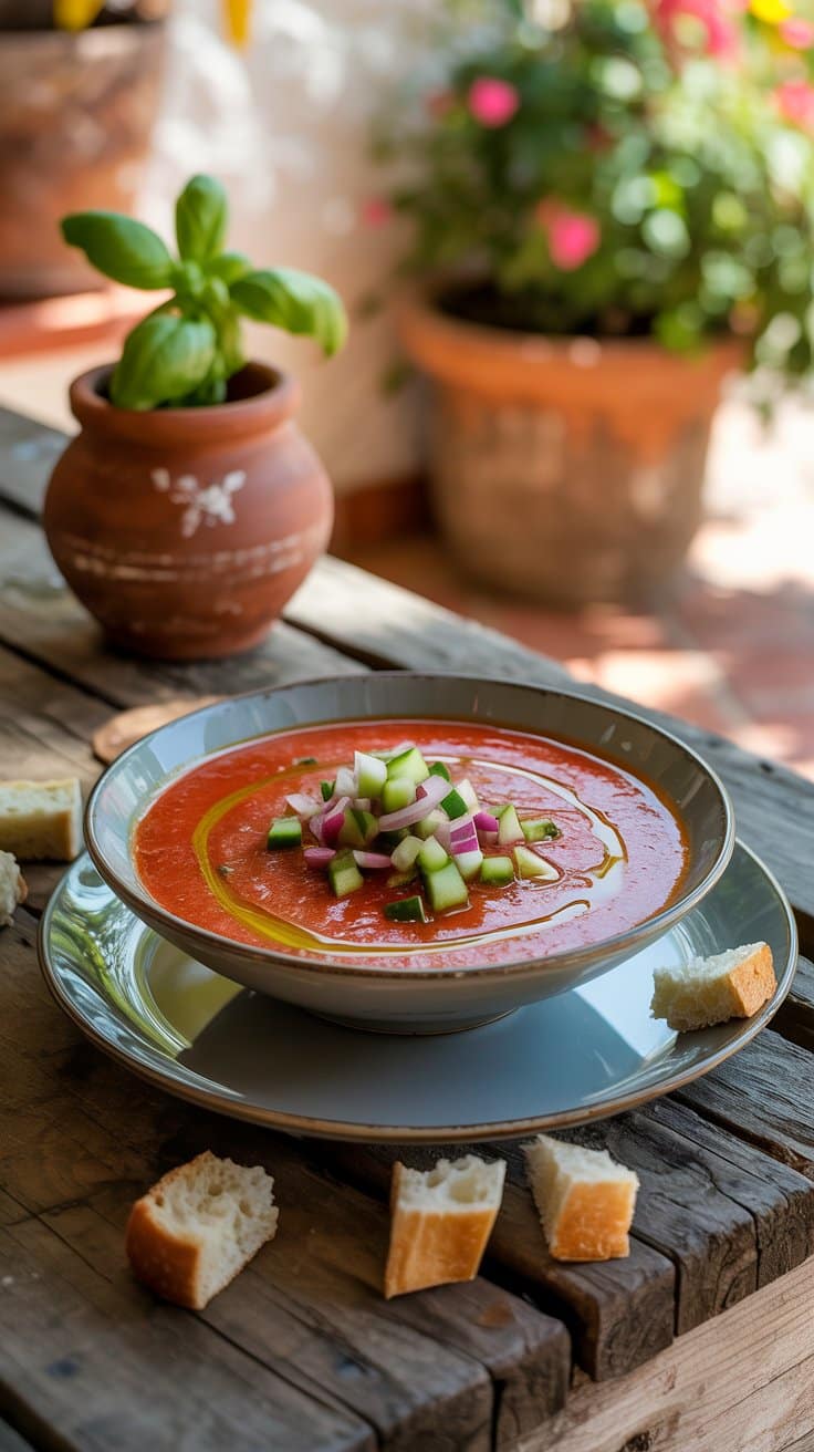 Gazpacho avec concombres et oignons, pain autour.