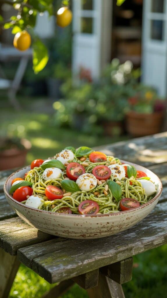 Salade de pâtes au pesto sur table en bois