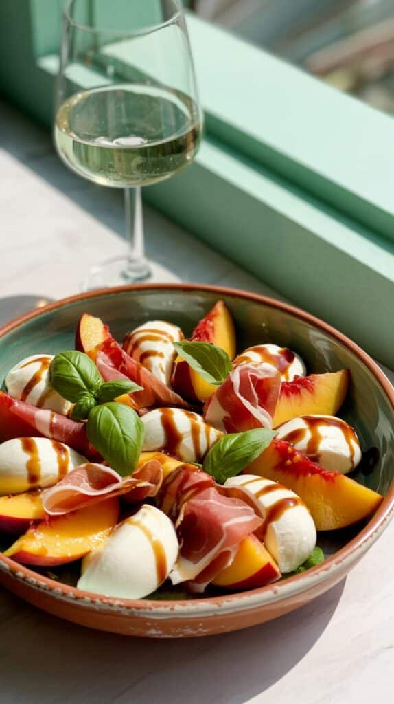Salade de pêches, jambon et mozzarella avec vin blanc.