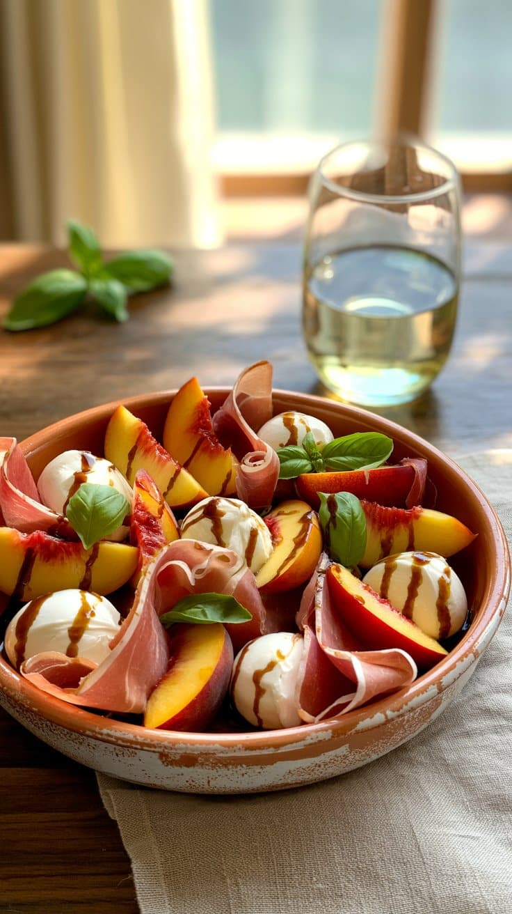 Salade de pêches, mozzarella et jambon cru.